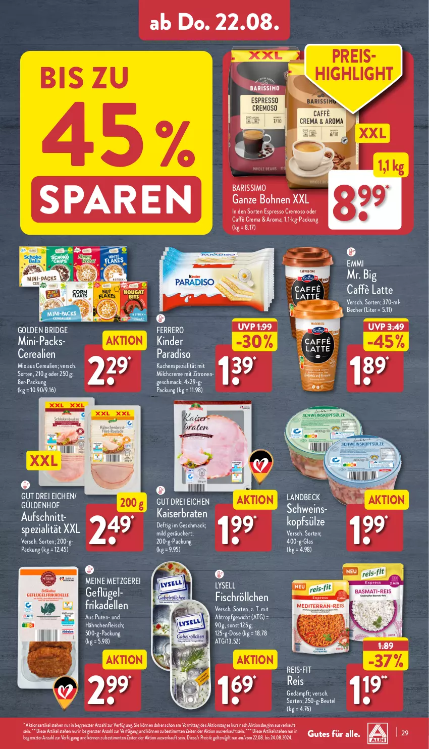 Aktueller Prospekt Aldi Nord - Von Montag - von 19.08 bis 24.08.2024 - strona 29 - produkty: aufschnitt, Becher, beutel, bohne, bohnen, braten, caffè crema, caffè latte, cerealien, creme, dell, eis, elle, emmi, espresso, ferrero, fisch, fleisch, frikadellen, Geflügel, gin, Hähnchenfleisch, Kaiser, Kinder, kuchen, latte, lysell, mac, milch, pute, reis, reis-fit, schwein, sim, Spezi, Ti, wein, zitrone, zitronen, ZTE