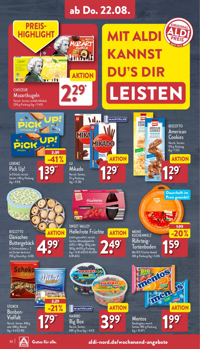 Aktueller Prospekt Aldi Nord - Von Montag - von 19.08 bis 24.08.2024 - strona 30 - produkty: aldi, alkohol, angebot, angebote, auer, beutel, biscotto, butter, cookie, cookies, eis, elle, früchte, haribo, kuchen, Kugel, leibniz, mentos, mikado, Pick Up!, reis, Schmuck, storck, teller, Ti, torte, zucker