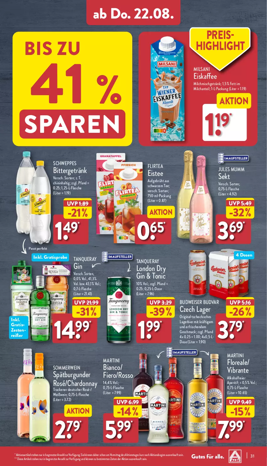 Aktueller Prospekt Aldi Nord - Von Montag - von 19.08 bis 24.08.2024 - strona 31 - produkty: alkohol, aperitif, bier, budweiser, burgunder, chardonnay, dry gin, eier, eis, eiskaffee, eistee, elle, flasche, getränk, gin, jules mumm, kaffee, Lagerbier, london dry, london dry gin, loreal, mac, martini, milch, mumm, reis, rwe, schweppes, sekt, spätburgunder, Tanqueray, tee, teller, Ti, tonic, wein, Weißwein, ZTE