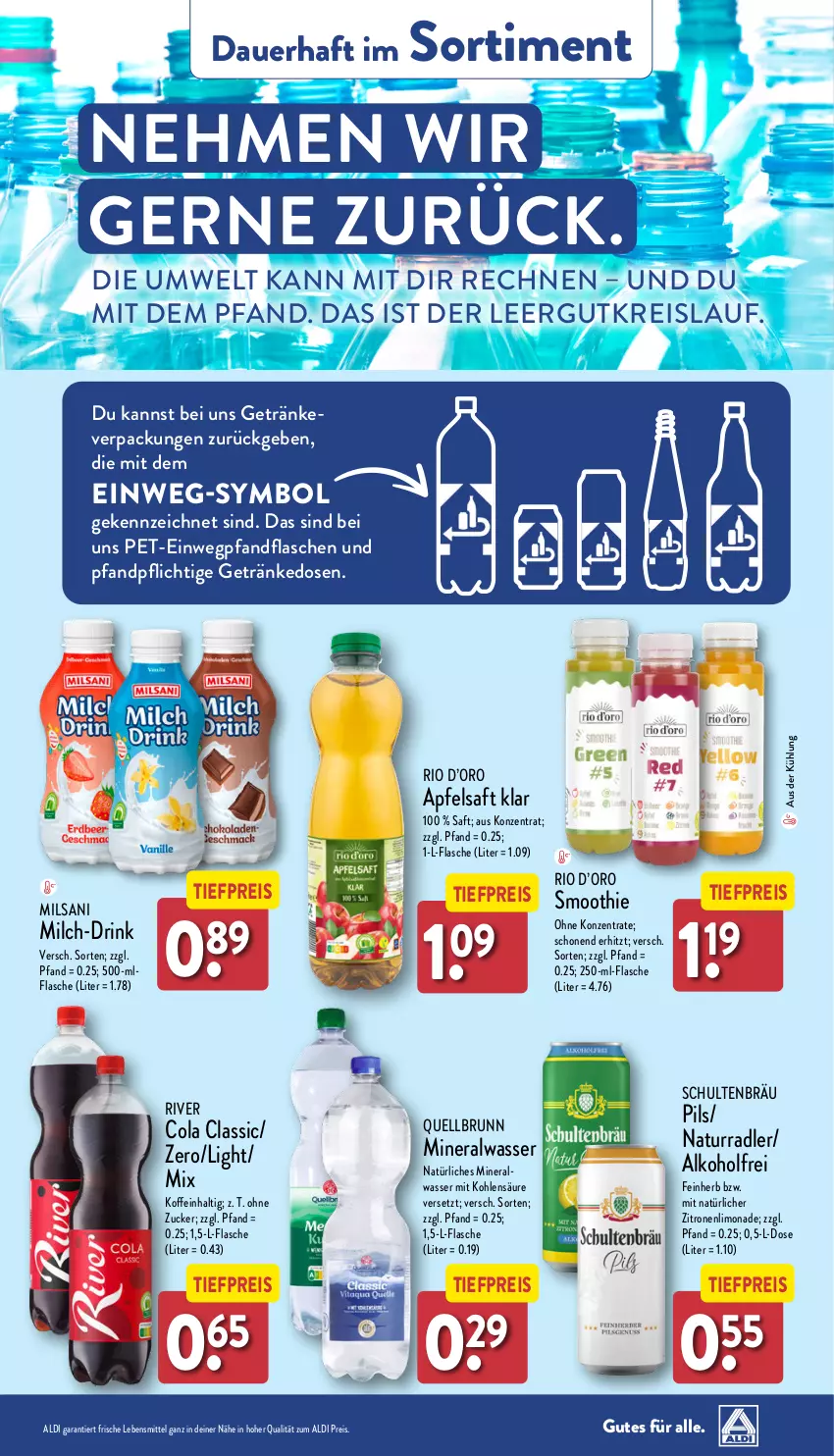 Aktueller Prospekt Aldi Nord - Von Montag - von 19.08 bis 24.08.2024 - strona 36 - produkty: aldi, alkohol, Alwa, apfel, apfelsaft, auer, cola, drink, eis, flasche, getränk, getränke, lebensmittel, limo, limonade, milch, mineralwasser, natur, natürliches mineralwasser, pils, Quellbrunn, radler, reis, saft, smoothie, Ti, tiefpreis, wasser, zitrone, zitronen, zucker