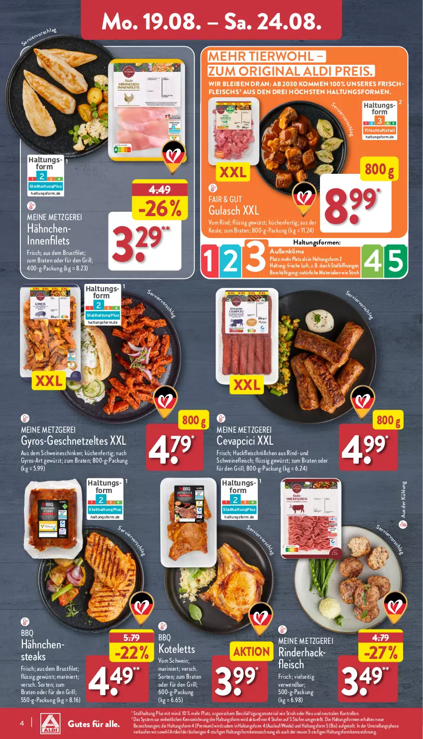 Aktueller Prospekt Aldi Nord - Von Montag - von 19.08 bis 24.08.2024 - strona 4 - produkty: aldi, bio, braten, brustfilet, cevapcici, eis, filet, filets, fleisch, geschnetzeltes, gewürz, gin, grill, gulasch, gyros, hackfleisch, Hähnchensteak, hähnchensteaks, Heu, kotelett, küche, Küchen, reis, Ria, rind, rinder, rinderhackfleisch, rwe, schinken, schwein, schweine, schweinefleisch, steak, steaks, Ti, wein, weine, Zelt