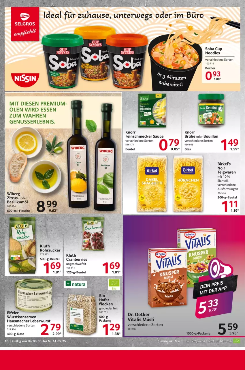 Aktueller Prospekt Selgros - Food - von 08.05 bis 14.05.2025 - strona 10 - produkty: acer, basilikum, beutel, birkel, Brühe, cranberries, Dr. Oetker, feinschmecker, Hausmacher, hollandaise, knorr, Konserven, leberwurst, mac, müsli, natur, natura, nuss, rohrzucker, sauce, teigwaren, vita, vitalis, vitalis müsli, wurst, wurstkonserven, zucker