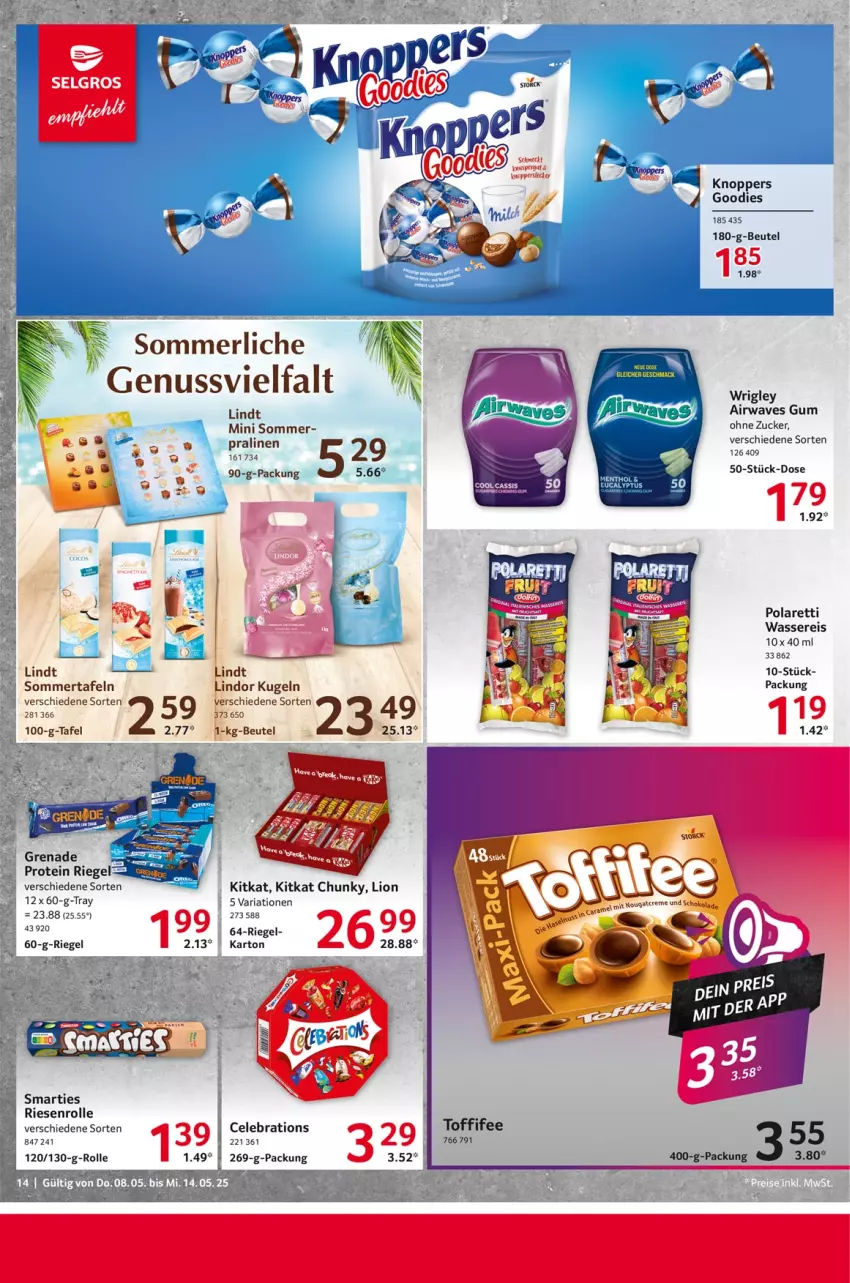 Aktueller Prospekt Selgros - Food - von 08.05 bis 14.05.2025 - strona 14 - produkty: beutel, eis, kitkat, knoppers, Kugel, lindor, lindt, lion, merl, nuss, pralinen, reis, Ria, riegel, smarties, Ti, toffifee, wasser, wassereis, Yo, zucker