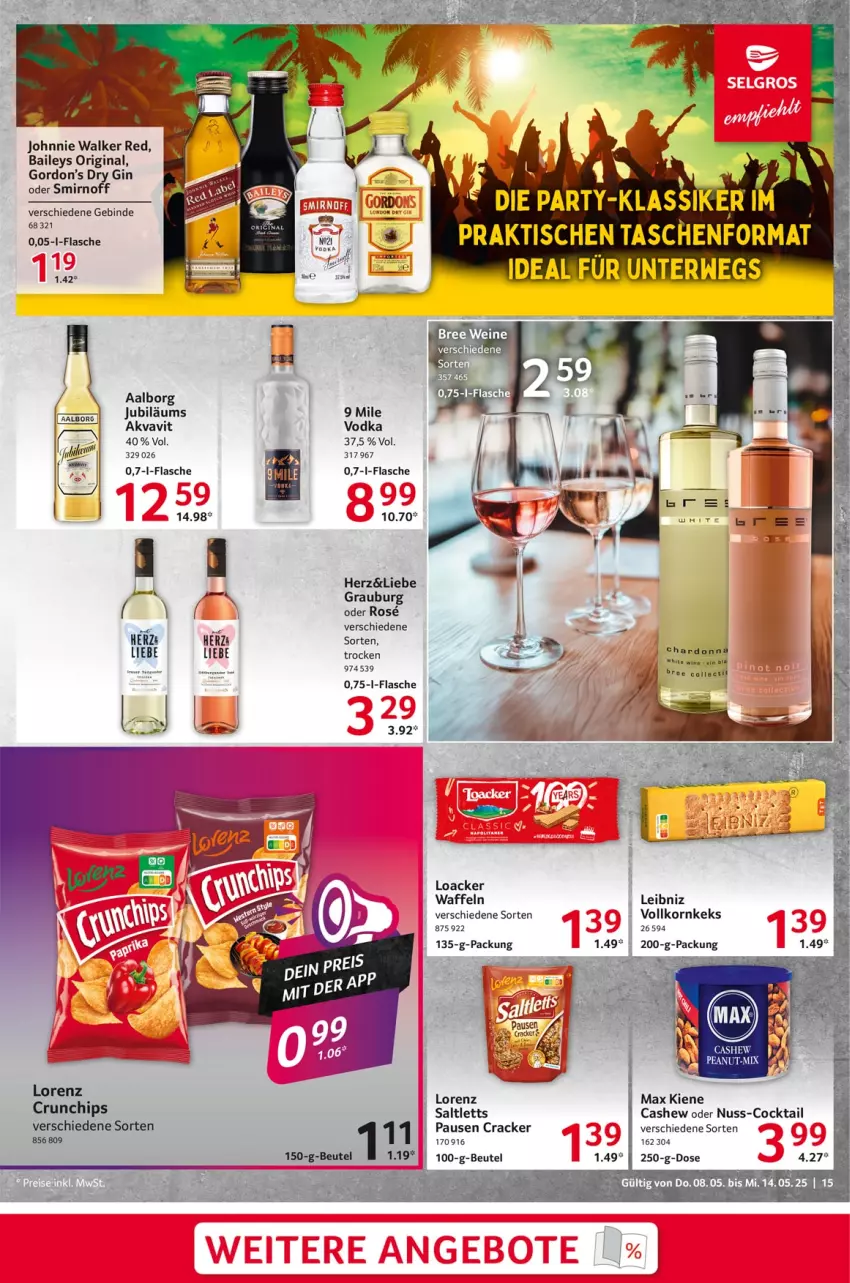 Aktueller Prospekt Selgros - Food - von 08.05 bis 14.05.2025 - strona 15 - produkty: Aalborg, baileys, beutel, bree, Cashew, cocktail, cracker, dry gin, flasche, gin, gordon, Gordon’s, gordons, johnnie walker, Jubiläums, keks, korn, leibniz, lorenz, nuss, rwe, saltletts, smirnoff, Tasche, taschen, Ti, tisch, vodka, waffeln