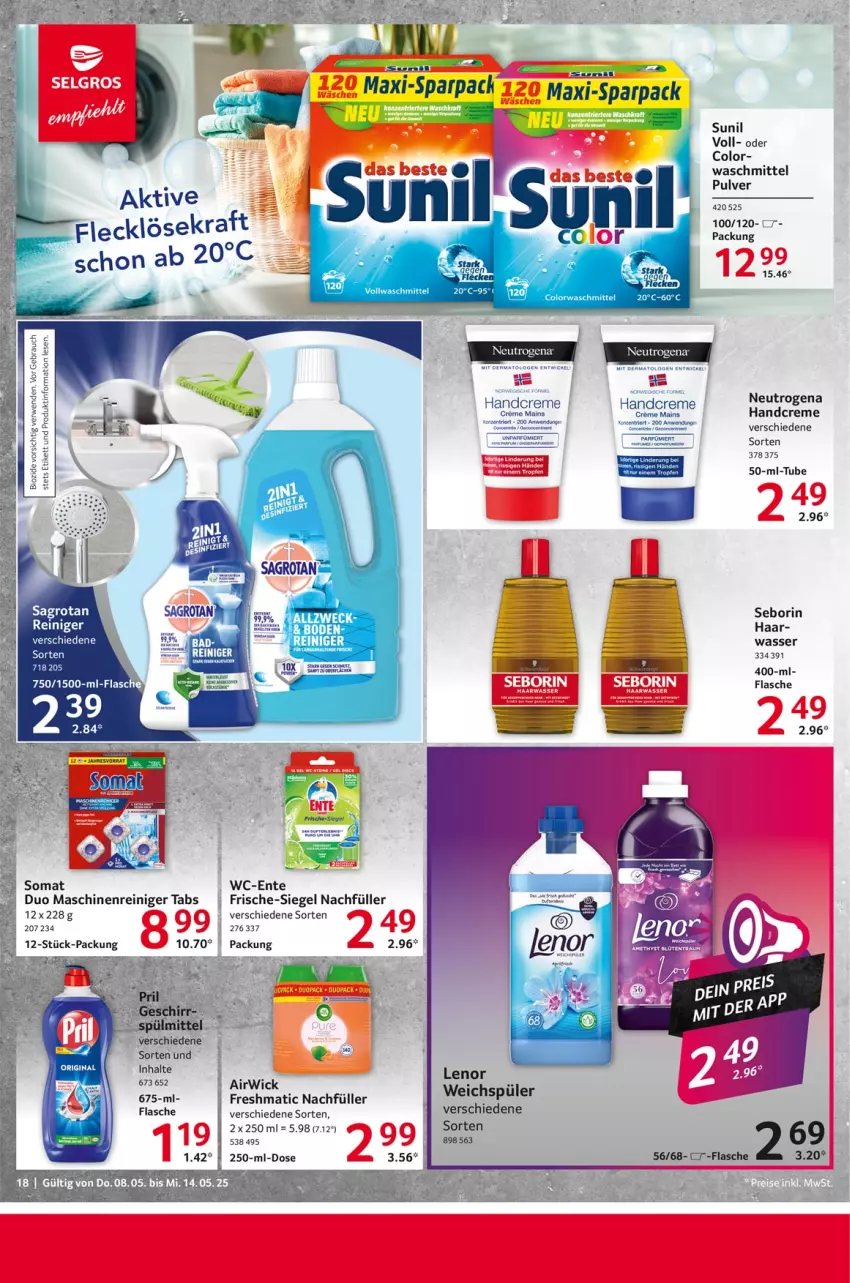 Aktueller Prospekt Selgros - Food - von 08.05 bis 14.05.2025 - strona 18 - produkty: airwick, creme, ente, flasche, gin, handcreme, maschinenreiniger, neutrogena, reiniger, sagrotan, somat, sunil, Ti, waschmittel, wasser, weichspüler, WICK