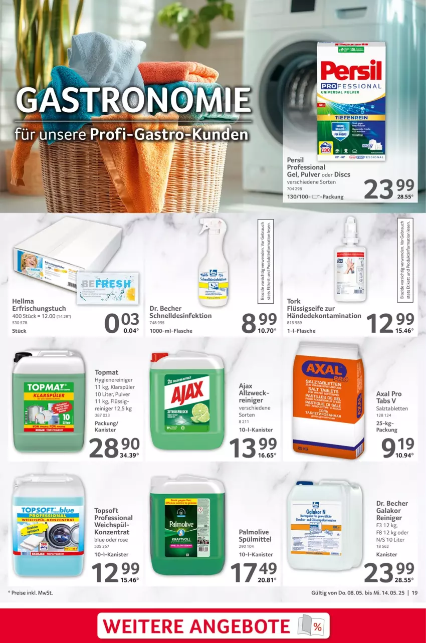 Aktueller Prospekt Selgros - Food - von 08.05 bis 14.05.2025 - strona 19 - produkty: ajax, Becher, bio, Desinfektion, eis, flasche, flüssigseife, klarspüler, kraft, olive, palmolive, persil, Rauch, reiniger, reis, rwe, salz, Seife, spülmittel, tablet, tablett, Tablette, tee, Ti, tuc, universal pulver, weck