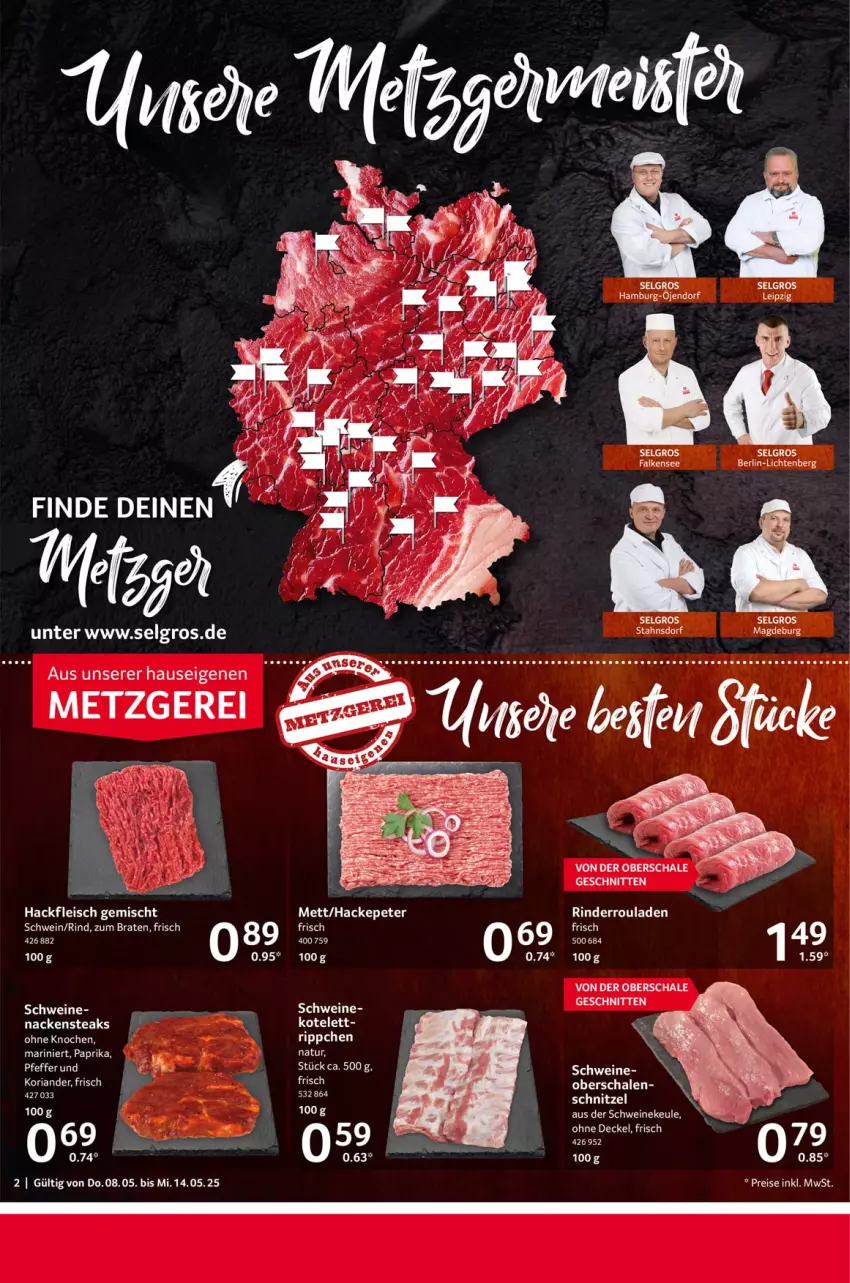 Aktueller Prospekt Selgros - Food - von 08.05 bis 14.05.2025 - strona 2 - produkty: braten, decke, Deckel, eis, fleisch, hackfleisch, hackfleisch gemischt, Koriander, LG, Mett, Nackensteak, nackensteaks, paprika, pfeffer, reis, Ria, rind, rinder, Rinderroulade, rinderrouladen, rouladen, Schal, Schale, schnitten, schwein, schweine, steak, steaks, Ti, wein, weine, Yo