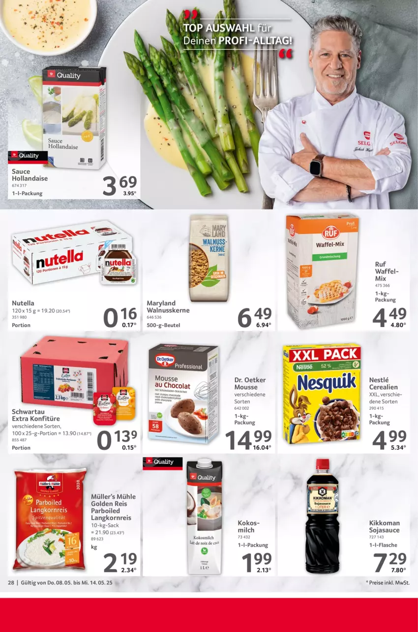 Aktueller Prospekt Selgros - Food - von 08.05 bis 14.05.2025 - strona 28 - produkty: beutel, cerealien, cola, Dr. Oetker, eis, flasche, hollandaise, kikkoman, kokos, kokosmilch, konfitüre, korn, Langkornreis, milch, mousse, Müller, nuss, nutella, reis, sac, sauce, sauce hollandaise, Schwartau, soja, sojasauce, Ti, walnuss, walnusskerne