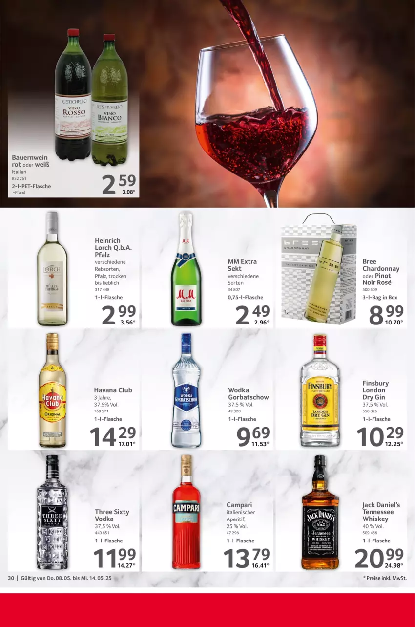 Aktueller Prospekt Selgros - Food - von 08.05 bis 14.05.2025 - strona 30 - produkty: aperitif, auer, Bau, Bauer, bree, campari, chardonnay, dry gin, eis, finsbury, flasche, gin, Gorbatschow, Havana Club, jack daniel, Jack Daniel’s, london dry, london dry gin, mm extra, pet-flasche, Pinot, pinot noir, reis, sekt, tennessee whiskey, Three Sixty, Ti, vodka, wein, whiskey, wodka