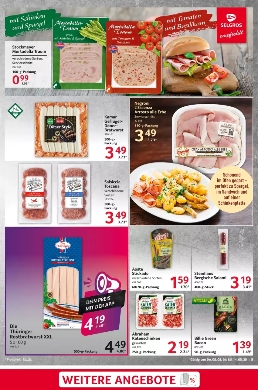 Aktueller Prospekt Selgros - Food - von 08.05 bis 14.05.2025 - strona 5 - produkty: bacon, bratwurst, dell, Dior, Geflügel, katenschinken, mortadella, Ofen, ring, rostbratwurst, salami, salsiccia, sandwich, schinken, spargel, steinhaus, stickado, stockmeyer, Ti, würfel, wurst