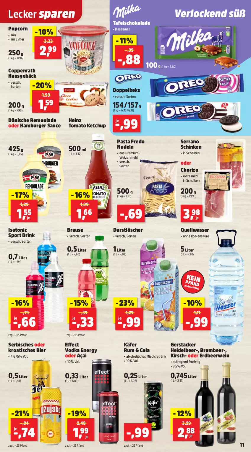 Aktueller Prospekt Thomas Philipps - von 16.06 bis 21.06.2025 - strona 11 - produkty: alkohol, bier, brause, burger, Burger Sauce, chorizo, cola, coppenrath, drink, durstlöscher, Effect, eimer, frucht, getränk, hamburger, haselnuss, heinz, käfer, keks, ketchup, kirsch, mehl, nudel, nudeln, nuss, pasta, popcorn, remoulade, rum, rwe, sauce, schinken, schoko, schokolade, serrano, serrano schinken, Sport, tafelschokolade, Ti, tisch, tomato ketchup, tonic, vodka, wasser, wein, weizenmehl