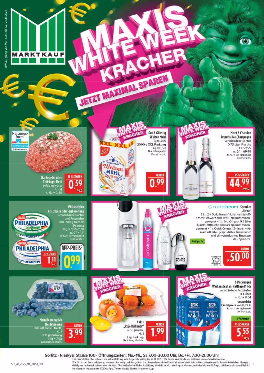 Aktueller Prospekt Marktkauf - Prospekt - von 16.11 bis 22.11.2025 - strona 1 - produkty: aktionspreis, angebot, angebote, Becher, beere, beeren, champagne, deka, eis, flasche, gewürz, gin, heidelbeere, heidelbeeren, Kaki, mehl, milch, moet, nuss, philadelphia, reis, Ria, Soda, sodastream, Sprudel, spülmaschinen, tee, Ti, type 405, uhr, wasser, ZTE