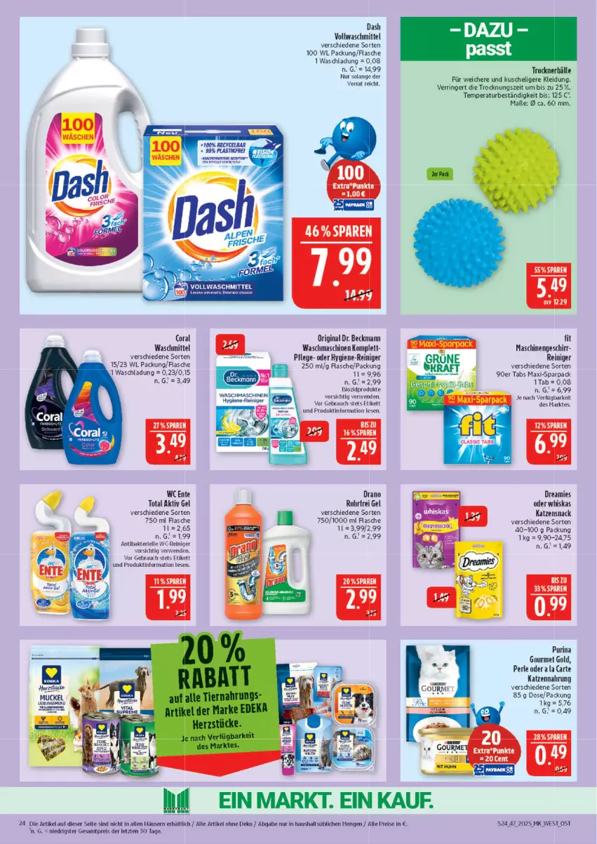 Aktueller Prospekt Marktkauf - Prospekt - von 16.11 bis 22.11.2025 - strona 24 - produkty: aktiv gel, bio, biozidprodukte, Coral, Dr. Beckmann, dreamies, eis, elle, ente, flasche, geschirr, gin, gourmet gold, hygiene-reiniger, katzennahrung, katzensnack, kleid, Kleidung, purina, Rauch, reiniger, reis, ring, rwe, snack, Ti, Trockner, vollwaschmittel, waschmaschine, waschmaschinen, waschmittel, wc ente, wc-reiniger, whiskas, ZTE