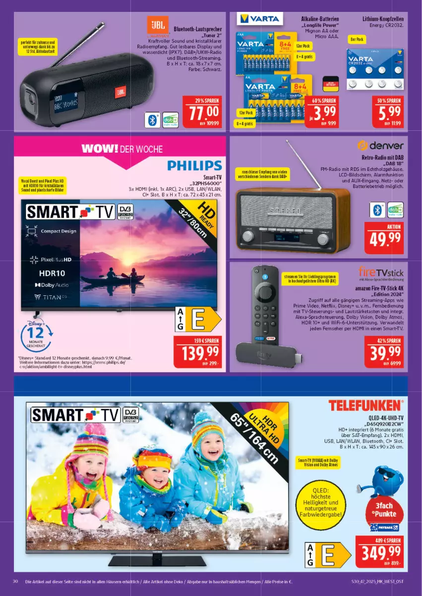 Aktueller Prospekt Marktkauf - Prospekt - von 16.11 bis 22.11.2025 - strona 30 - produkty: alexa, batterie, batterien, bluetooth-lautsprecher, deo, disney, elle, fernbedienung, fernseher, harman, HDMI, Holz, kraft, lautsprecher, longlife, netflix, Philips, qled, Radio, telefunken, Ti, tuner, uhd, UHD-TV, usb, wasser