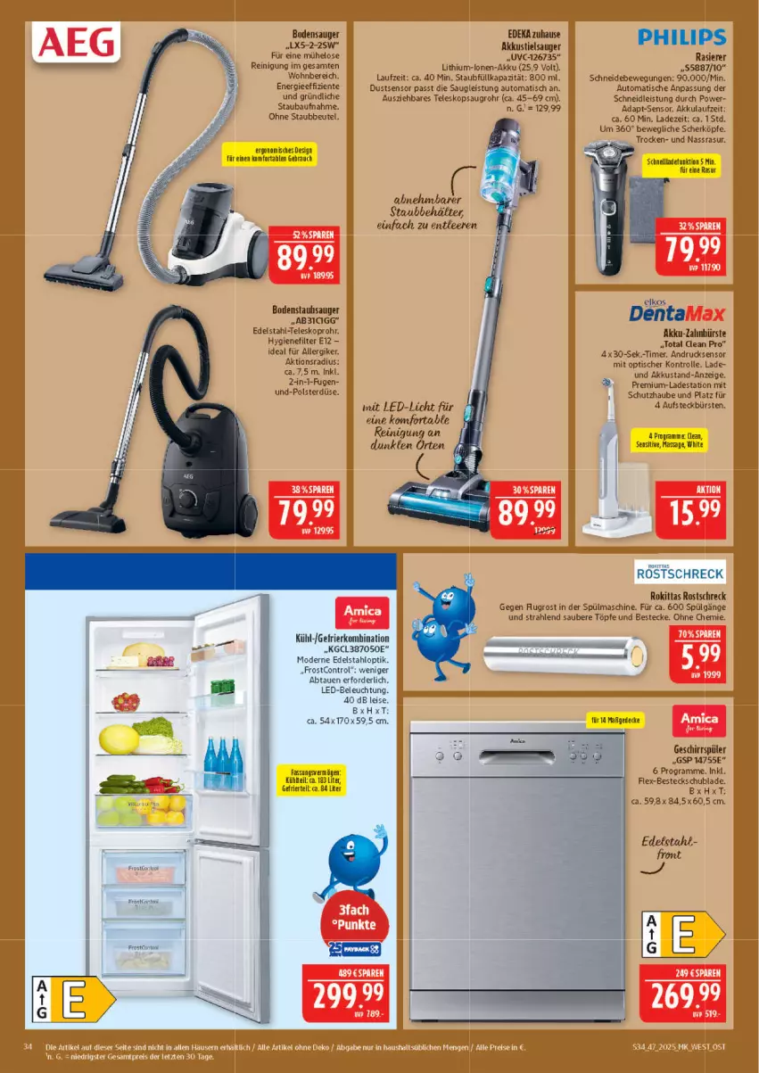 Aktueller Prospekt Marktkauf - Prospekt - von 16.11 bis 22.11.2025 - strona 34 - produkty: akku, aufsteckbürsten, auto, Bau, Behälter, beleuchtung, besteck, bestecke, beutel, bodensauger, bodenstaubsauger, bürste, bürsten, decke, deka, edelstahl, eis, elkos, ente, gefrierkombination, geschirr, geschirrspüler, led-beleuchtung, led-licht, LG, Lithium-Lonen-Akku, Mode, Philips, rasierer, Rauch, Reinigung, rostschreck, staubbeutel, staubsauger, Stielsauger, Teleskop, Ti, timer, tisch, zahnbürste