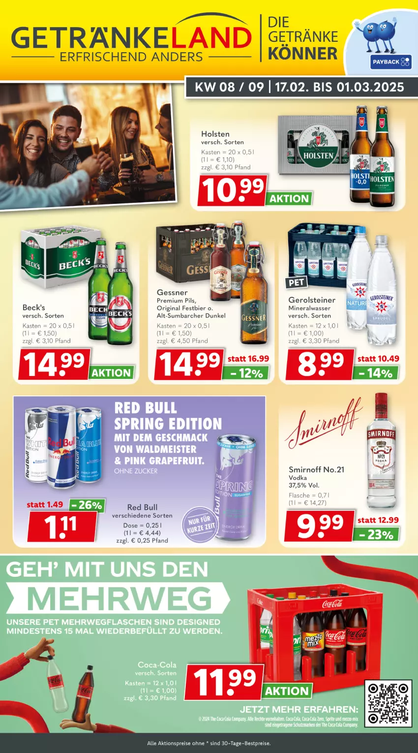 Aktueller Prospekt Getraenkeland - von 17.02 bis 01.03.2025 - strona 1 - produkty: aktionspreis, Alwa, bestpreis, bestpreise, bier, eis, Elan, flasche, gerolsteine, gerolsteiner, Gessner, gin, holsten, mineralwasser, pils, premium pils, reis, smirnoff, steiner, Ti, vodka, wasser