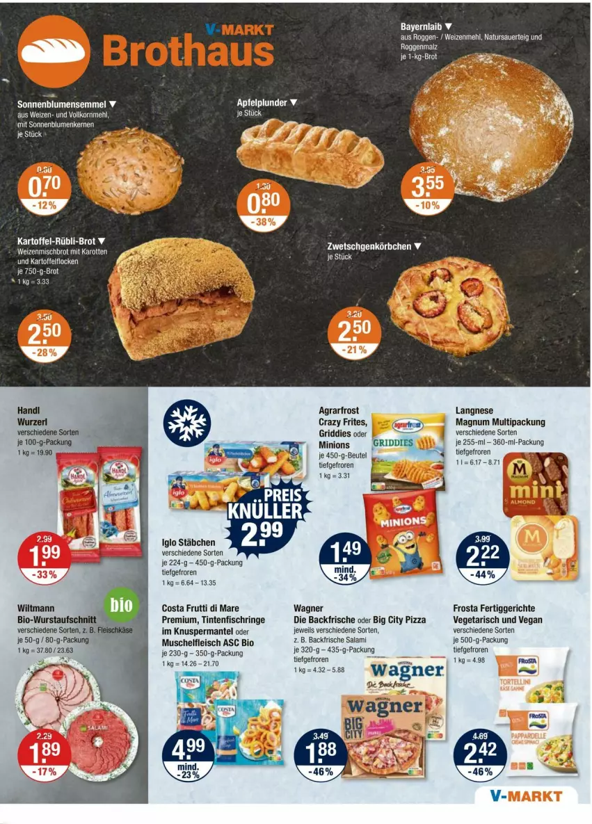 Aktueller Prospekt Vmarkt - Prospekte - von 11.07 bis 17.07.2024 - strona 5 - produkty: agrarfrost, auer, aufschnitt, bio, brot, Crazy Frites, eis, fertiggericht, fertiggerichte, fisch, fleisch, frosta, frutti di mare, Griddies, iglo, kartoffel, langnese, magnum, malz, Mantel, mehl, natur, pizza, ring, salami, Ti, Tintenfischringe, Vegeta, wagner, weizenmehl, wiltmann, wurst