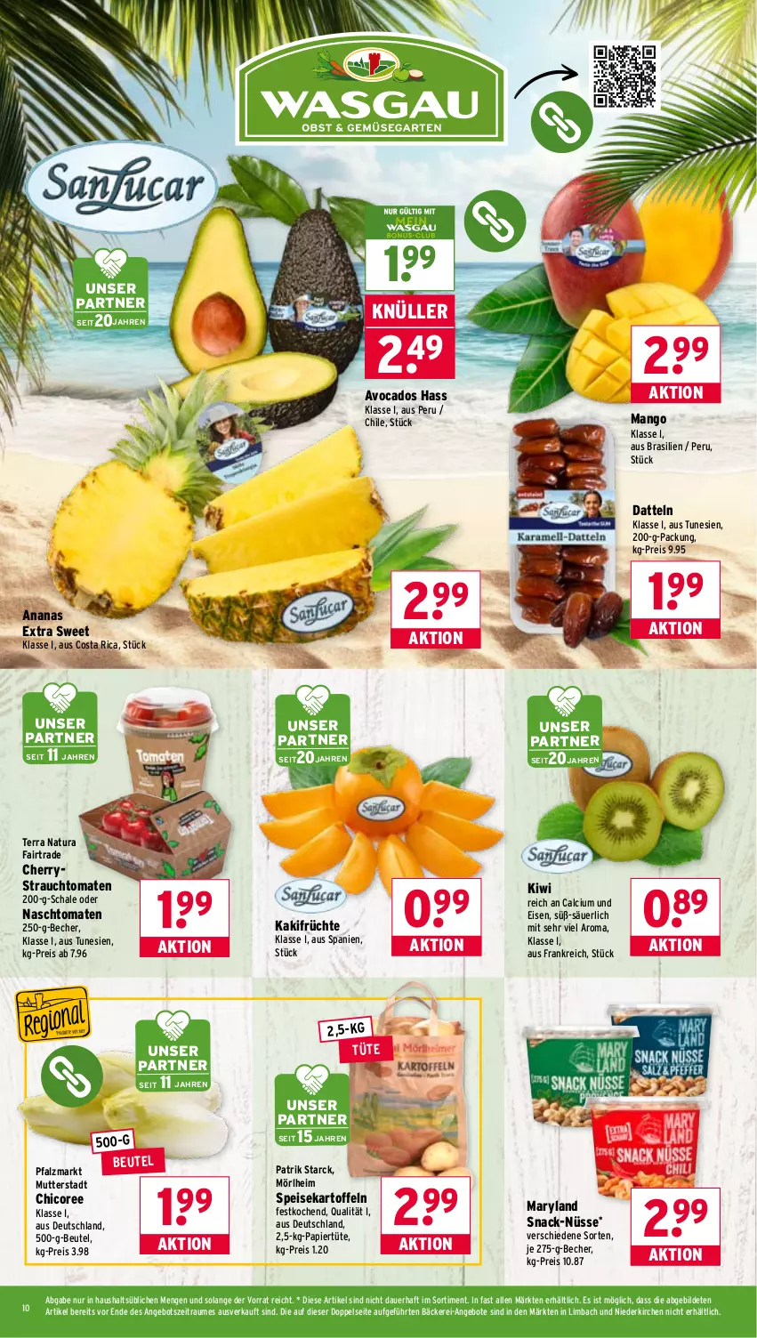 Aktueller Prospekt Wasgau - von 24.11 bis 29.11.2025 - strona 10 - produkty: ananas, angebot, angebote, auer, avocado, avocados, Becher, beutel, Calcium, Datteln, eis, früchte, Kaki, kartoffel, kartoffeln, kiwi, mango, natur, natura, papier, Papiertüte, Rauch, reis, Schal, Schale, snack, speisekartoffeln, strauchtomaten, Ti, tomate, tomaten, Tüte