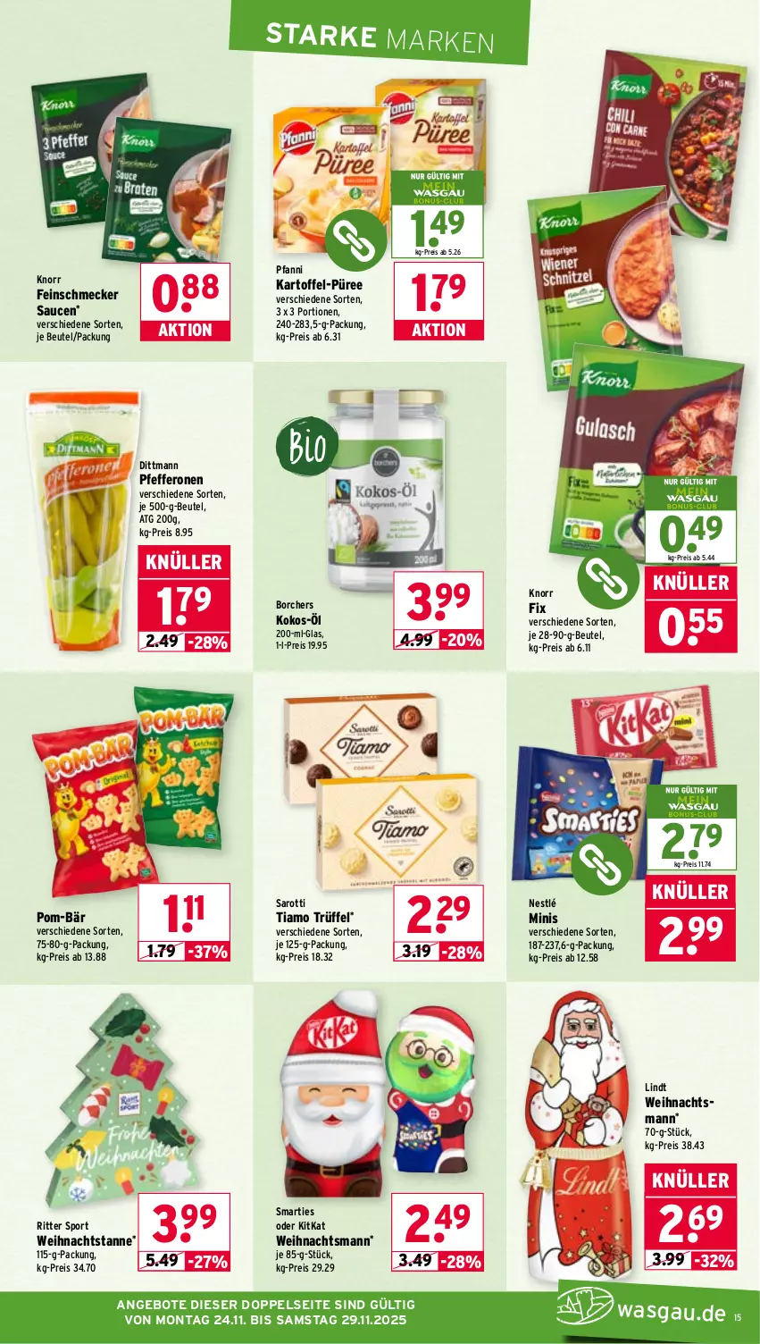 Aktueller Prospekt Wasgau - von 24.11 bis 29.11.2025 - strona 15 - produkty: angebot, angebote, beutel, dittmann, eis, feinschmecker, kartoffel, kitkat, knorr, knorr fix, kokos, lindt, nestlé, pfanni, pfeffer, pfefferonen, pom-bär, püree, reis, ritter, ritter sport, saro, sarotti, sauce, saucen, smarties, Sport, Ti, Trüffel