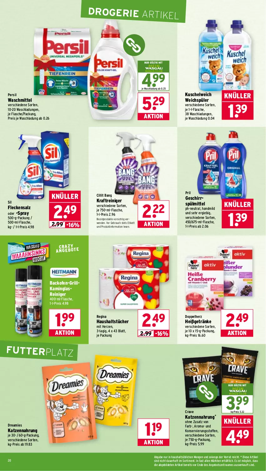 Aktueller Prospekt Wasgau - von 24.11 bis 29.11.2025 - strona 20 - produkty: angebot, auer, backofen, bio, biozidprodukte, Cillit, cillit bang, doppelherz, dreamies, eis, flasche, geschirr, geschirrspülmittel, getränk, getränke, gin, Glasreiniger, grill, haushaltstücher, Kamin, katzennahrung, kraft, Kuschelweich, Ofen, persil, persil waschmittel, pril, Rauch, reiniger, reis, rwe, salz, spülmittel, Ti, tücher, waschmittel, weichspüler