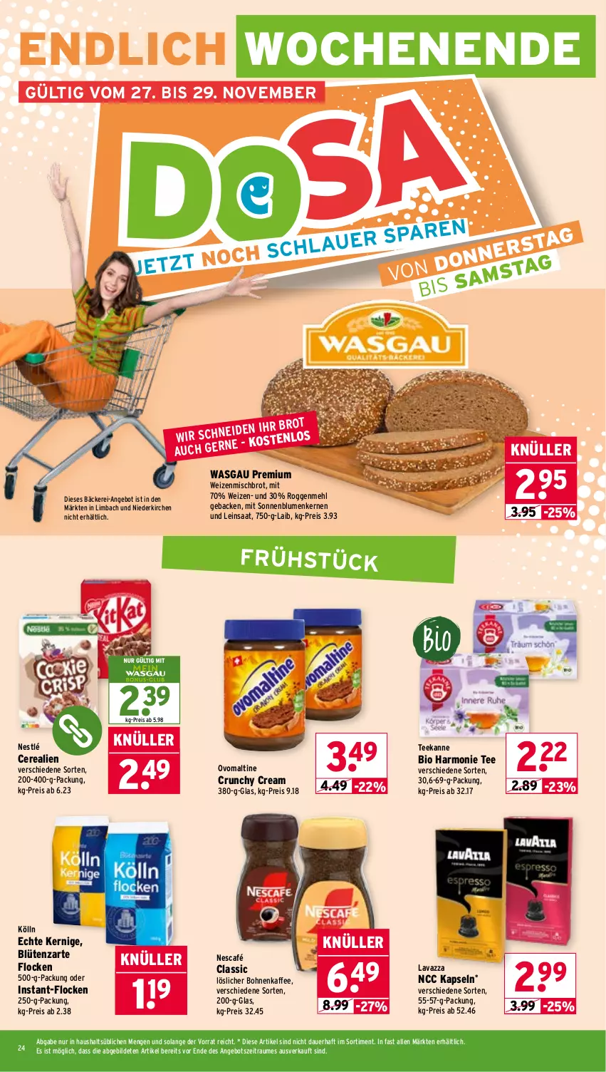 Aktueller Prospekt Wasgau - von 24.11 bis 29.11.2025 - strona 24 - produkty: angebot, auer, bio, blume, blumen, Blüte, bohne, bohnen, bohnenkaffee, brot, cerealien, eis, geback, kaffee, kölln, lavazza, löslicher bohnenkaffee, mehl, Nescafé, nestlé, ovomaltine, reis, sonnenblume, sonnenblumen, Sonnenblumenkerne, sonnenblumenkernen, tee, teekanne, Ti, weizenmischbrot