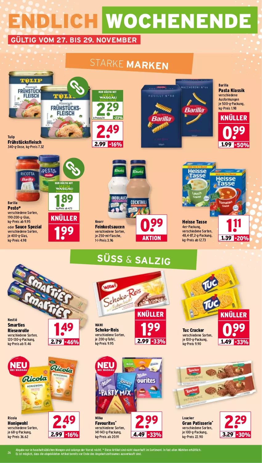 Aktueller Prospekt Wasgau - von 24.11 bis 29.11.2025 - strona 26 - produkty: angebot, auer, barilla, cola, cracker, eis, feinkost, flasche, fleisch, frühstücksfleisch, honig, knorr, milka, nestlé, pasta, pesto, reis, Ricola, salz, sauce, saucen, schoko, smarties, Spezi, tasse, Ti, tuc, tulip