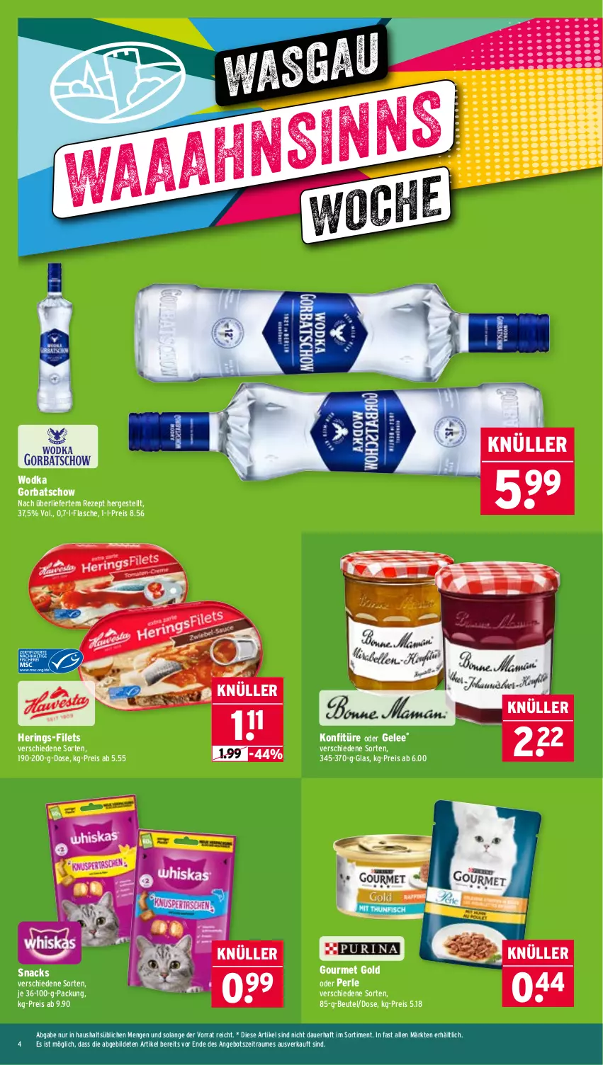Aktueller Prospekt Wasgau - von 24.11 bis 29.11.2025 - strona 4 - produkty: angebot, auer, beutel, eis, filet, filets, flasche, gelee, Gorbatschow, gourmet gold, hering, Herings, konfitüre, reis, rezept, ring, snack, snacks, Ti, wodka