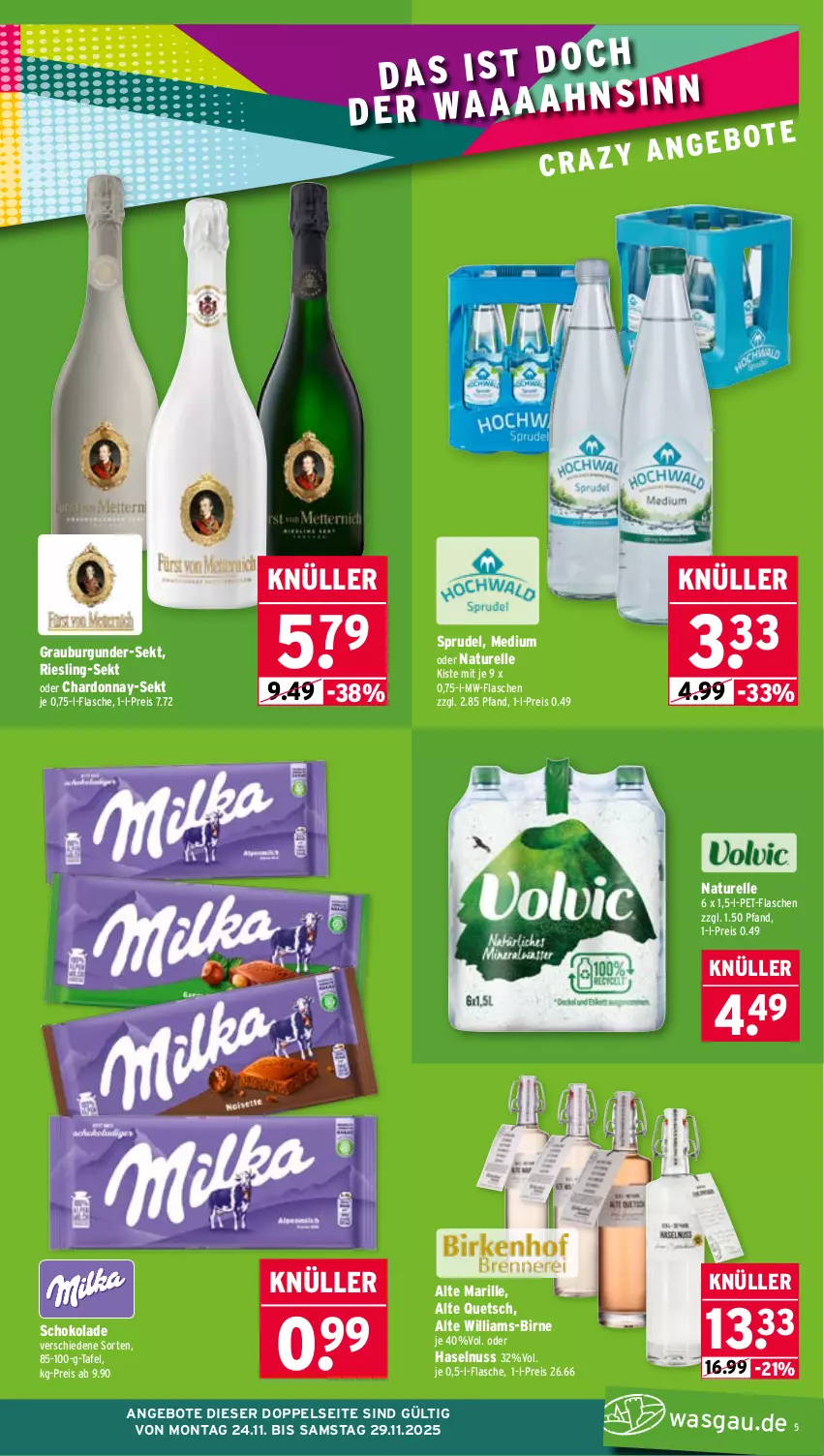 Aktueller Prospekt Wasgau - von 24.11 bis 29.11.2025 - strona 5 - produkty: angebot, angebote, burgunder, chardonnay, eis, elle, flasche, grauburgunder, haselnuss, mw-flasche, natur, nuss, pet-flasche, pet-flaschen, reis, rel, riesling, schoko, schokolade, sekt, Sprudel, Ti