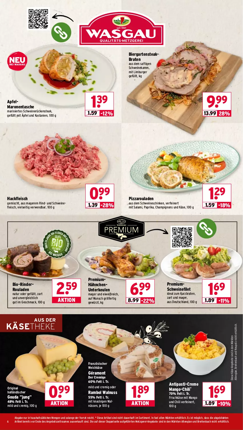 Aktueller Prospekt Wasgau - von 24.11 bis 29.11.2025 - strona 6 - produkty: angebot, angebote, antipasti, apfel, asti, auer, bier, bio, braten, Brei, burger, champignon, champignons, chili, creme, eis, filet, fleisch, französischer weichkäse, frischkäse, Garten, géramont, gewürz, gin, gouda, grill, hackfleisch, hackfleisch gemischt, Käse, käsetheke, Limburger, mac, mango, natur, nuss, paprika, pizza, rind, rinder, Rinderroulade, rinderrouladen, rouladen, Rückensteak, rwe, saft, salami, schinken, schwein, schweine, schweinefilet, schweinefleisch, schweinerücken, steak, Tasche, Ti, walnuss, weichkäse, wein, weine