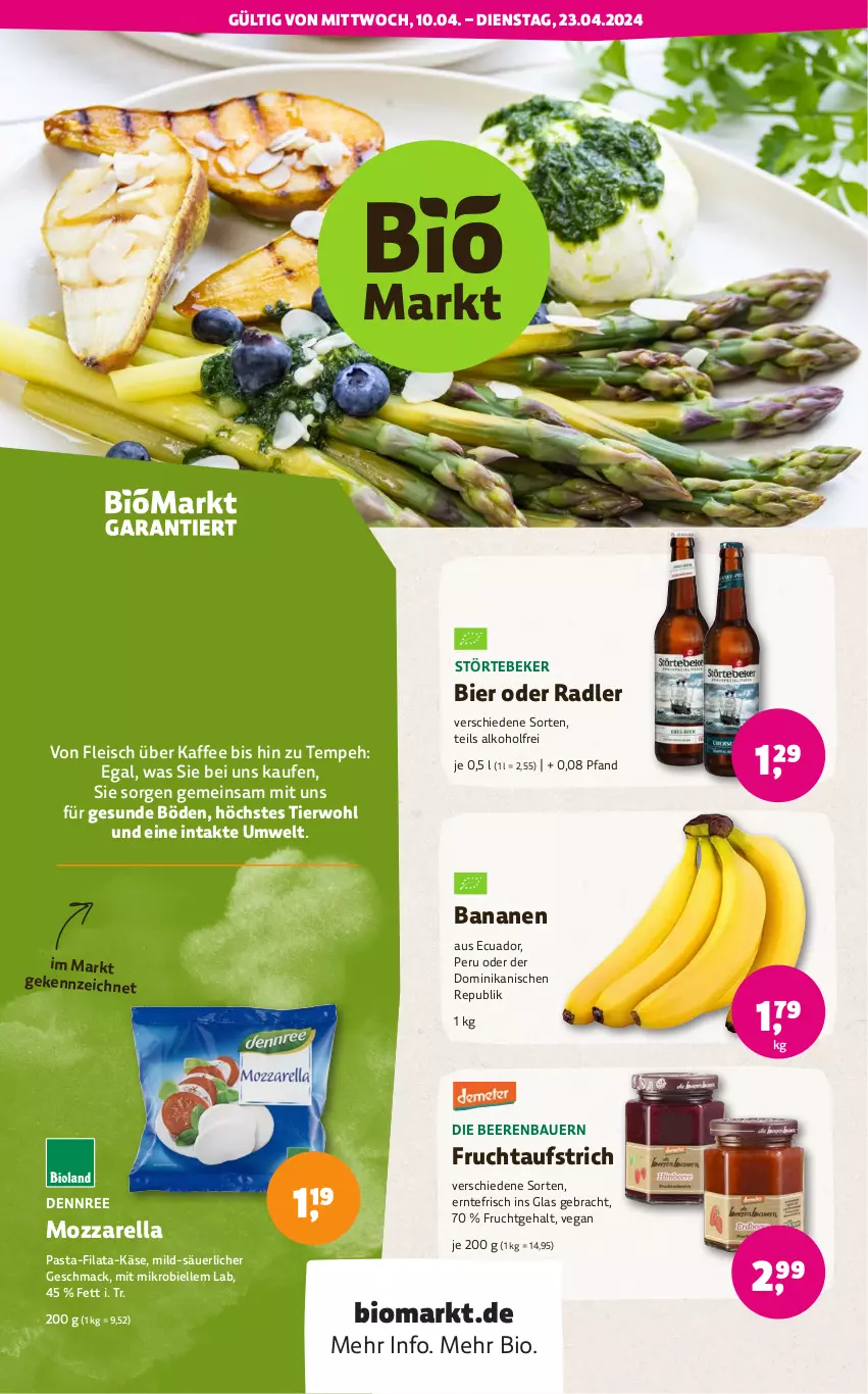 Aktueller Prospekt Denns Biomarkt - von 10.04 bis 23.04.2024 - strona 1 - produkty: alkohol, auer, aufstrich, banane, bananen, Bau, Bauer, beere, beeren, bier, bio, dennree, eis, elle, fleisch, frucht, fruchtaufstrich, kaffee, Käse, mac, mozzarella, oder radler, pasta, radler, rel, störtebeker, Ti