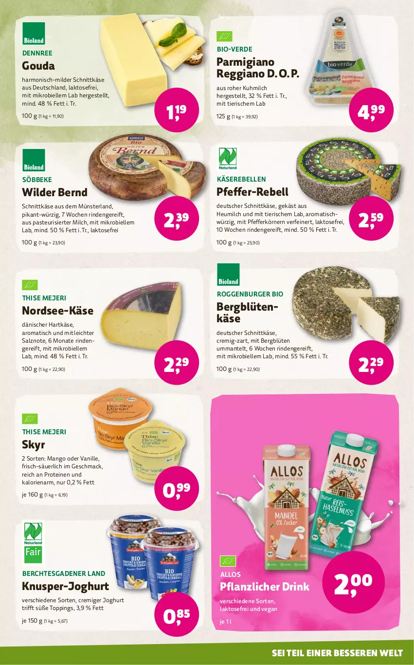 Aktueller Prospekt Denns Biomarkt - von 10.04 bis 23.04.2024 - strona 3 - produkty: bio, Blüte, burger, dennree, deutscher schnittkäse, drink, elle, erde, gouda, hartkäse, Heu, heumilch, joghur, joghurt, Käse, Käserebellen, mac, mango, Mantel, milch, Nordsee, parmigiano, parmigiano reggiano, pfeffer, rebell, reggiano, rind, salz, schnittkäse, Skyr, söbbeke, Ti, tisch, vanille, Wild, Wilder Bernd