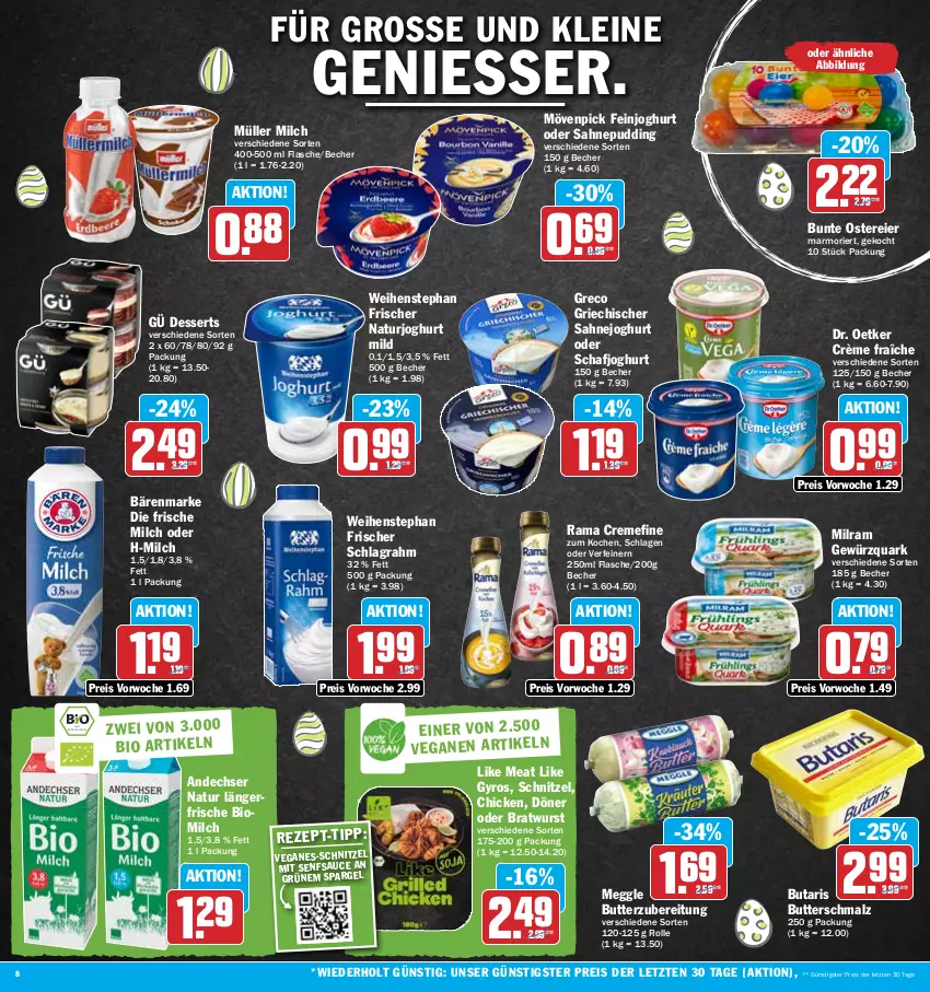 Aktueller Prospekt Hit - Prospekte - von 03.04 bis 08.04.2023 - strona 8 - produkty: andechser natur, bärenmarke, Becher, bio, bratwurst, butter, Butterschmalz, creme, crème fraîche, dessert, desserts, Dr. Oetker, eier, eis, feinjoghurt, flasche, frische milch, gewürz, gewürzquark, gyros, joghur, joghurt, joghurt mild, leine, Like Meat, malz, meggle, milch, milram, mövenpick, Müller, natur, naturjoghurt, pudding, quark, rama, rama cremefine, reis, sahne, Sahnejoghurt, sauce, schlagrahm, Schmalz, schnitzel, senf, spargel, Ti, weihenstephan, wurst, ZTE