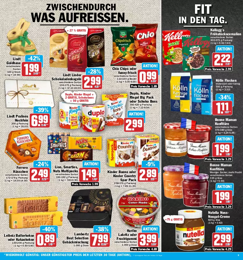 Aktueller Prospekt Hit - Prospekte - von 03.04 bis 08.04.2023 - strona 9 - produkty: Amber, beutel, bonne maman, butter, butterkeks, cerealien, chio chips, chips, creme, duplo, eis, ferrero, Ferrero Küsschen, frucht, fruchtgummi, funny-frisch, gebäckmischung, haribo, kakao, keks, kekse, Kinder, kinder bueno, kinder country, kinder riegel, kölln, konfitüre, Kugel, Lakritz, lambertz, leibniz, lindor, lindt, lion, mam, nuss, nutella, reis, reiss, riegel, schoko, schokolade, schokoladen, smarties, Ti, ZTE, zucker