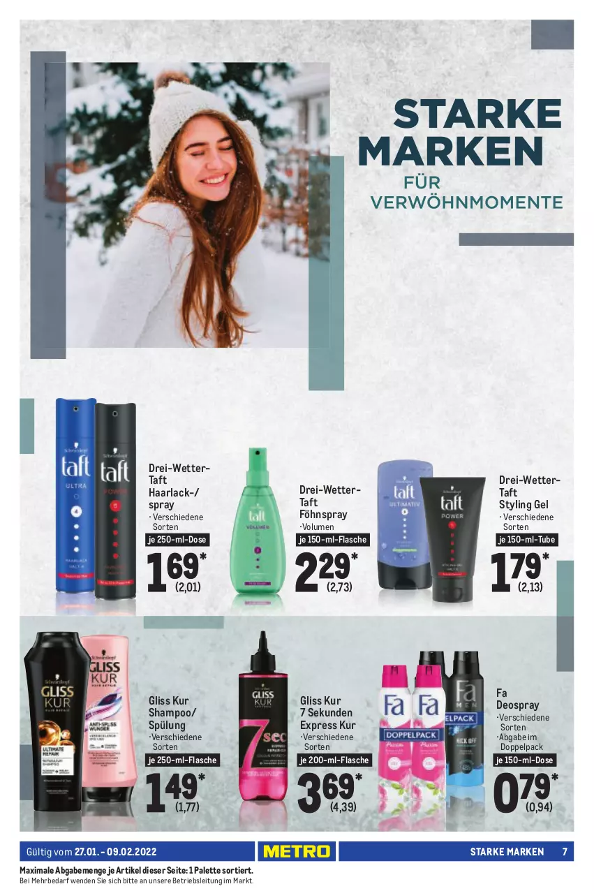 Aktueller Prospekt Metro - Starke Marken - von 27.01 bis 09.02.2022 - strona 7 - produkty: arla, deo, deospray, flasche, Föhnspray, gliss, gliss kur, Haarlack, lack, Palette, shampoo, spülung, Styling Gel, Taft, Ti