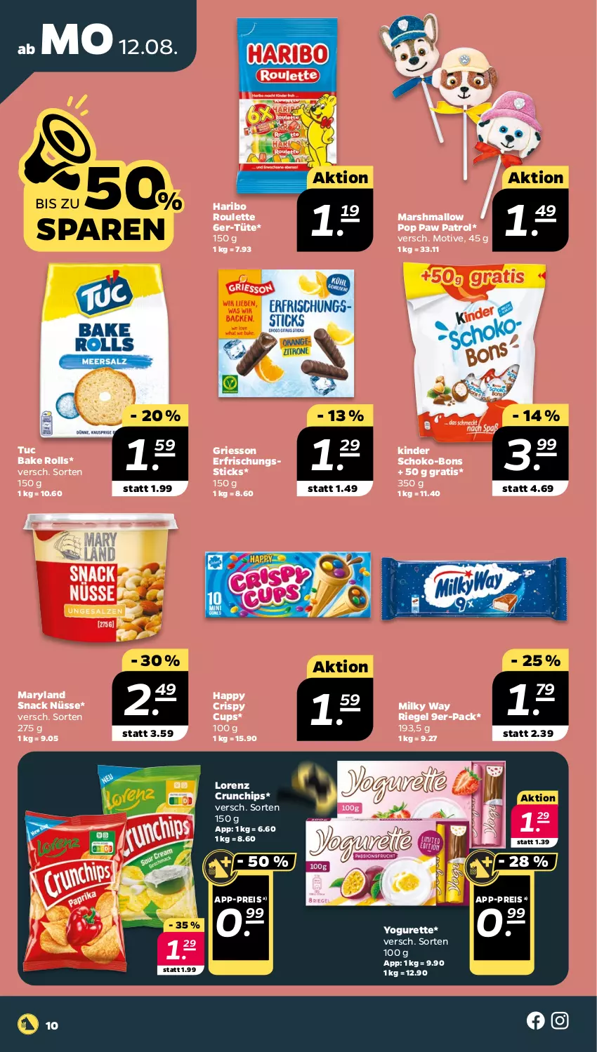 Aktueller Prospekt Netto - Woche 33 - von 12.08 bis 17.08.2024 - strona 10 - produkty: chips, crunchips, eis, griesson, haribo, Kinder, lorenz, lorenz crunchips, mars, milky way, Paw Patrol, reis, riegel, schoko, schoko-bons, snack, Ti, tuc, Tüte, Yo, yogurette