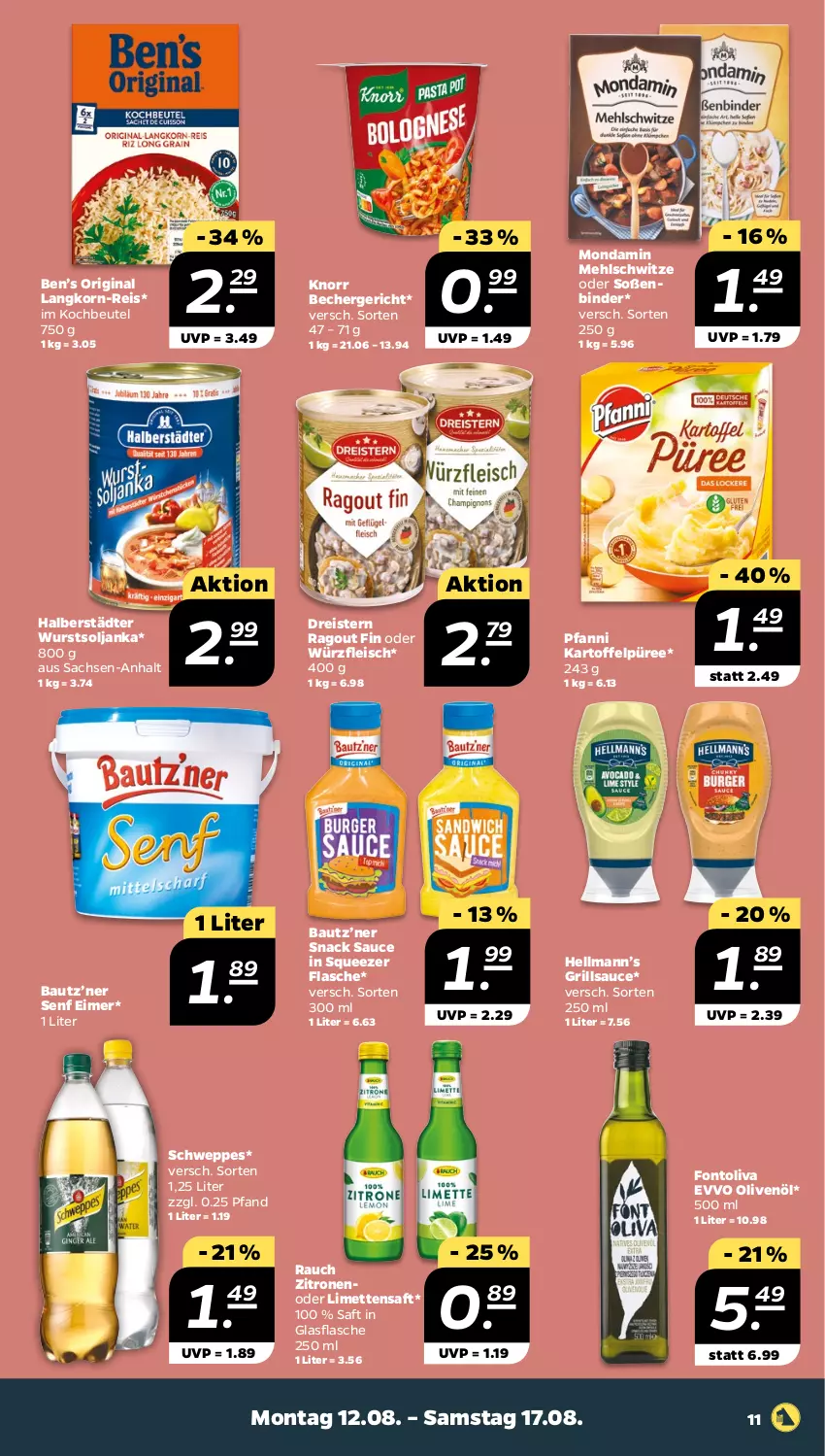 Aktueller Prospekt Netto - Woche 33 - von 12.08 bis 17.08.2024 - strona 11 - produkty: Bau, Becher, Ben’s Original, beutel, dreistern, eimer, eis, flasche, fleisch, gin, glasflasche, grill, grillsauce, kartoffel, Kartoffelpüree, knorr, kochbeutel, korn, limette, limetten, mehl, Mett, metten, mondamin, olive, oliven, olivenöl, pfanni, püree, Ragout, Rauch, reis, sac, saft, sauce, schweppes, senf, snack, Soße, Ti, wurst, zitrone, zitronen