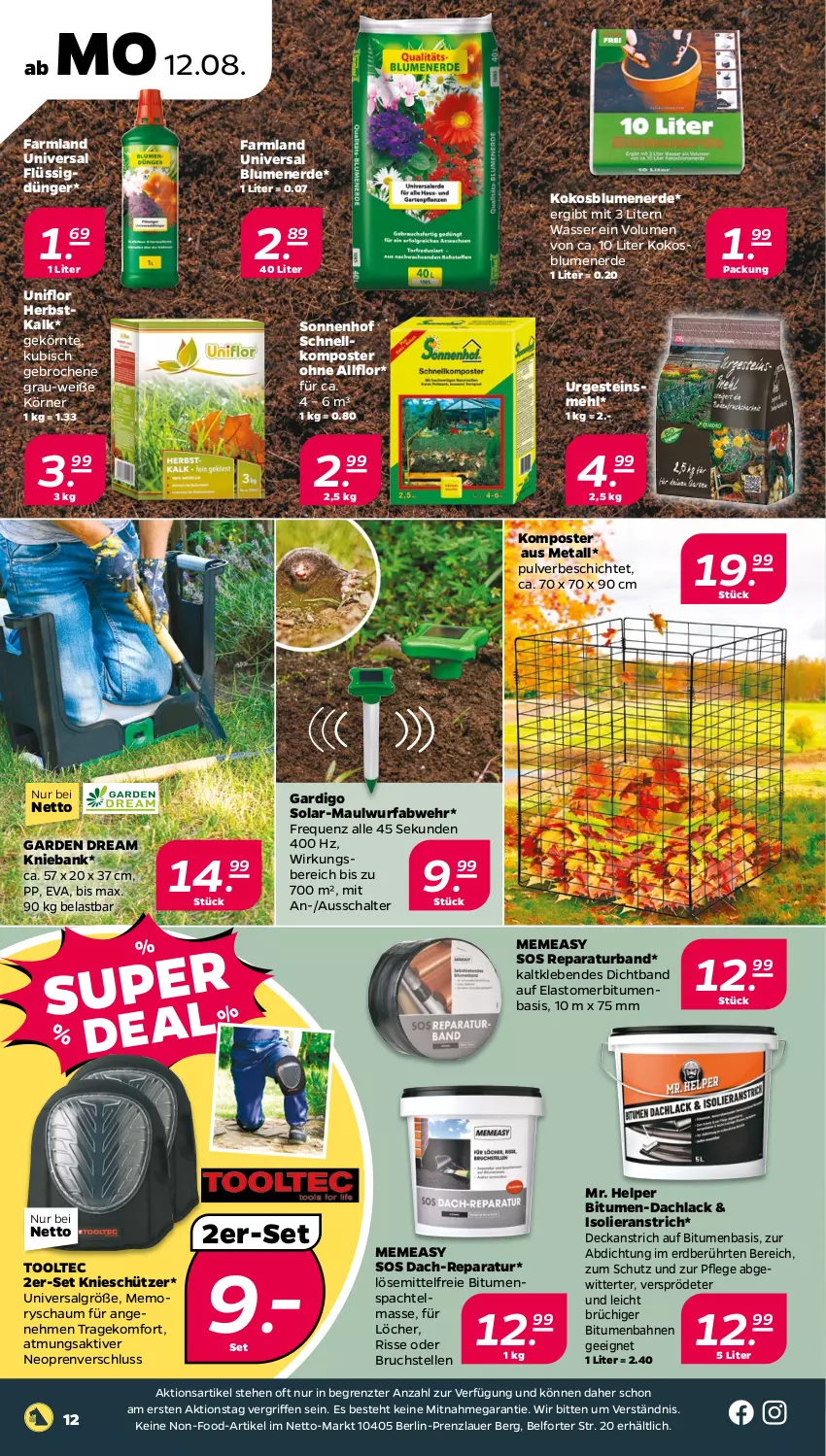 Aktueller Prospekt Netto - Woche 33 - von 12.08 bis 17.08.2024 - strona 12 - produkty: auer, Bank, blume, blumen, blumenerde, dünger, elle, erde, flüssigdünger, kokos, Komposter, lack, LG, mehl, Schal, Schütze, spachtel, Ti, Tooltec, wasser, ZTE