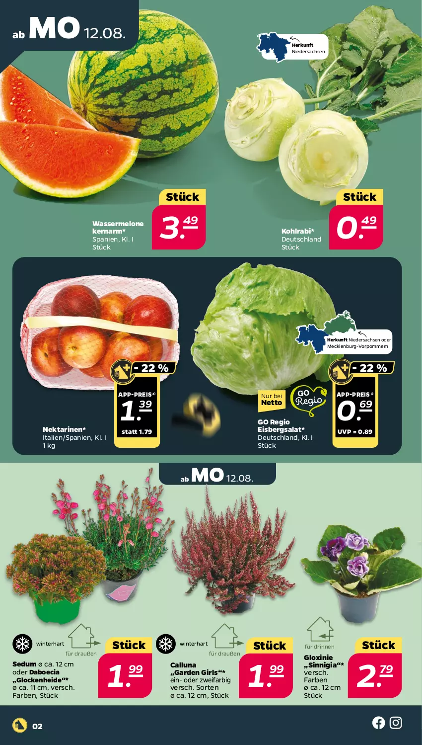 Aktueller Prospekt Netto - Woche 33 - von 12.08 bis 17.08.2024 - strona 2 - produkty: eis, eisbergsalat, kohlrabi, melone, Nektar, nektarinen, reis, sac, salat, wasser, wassermelone