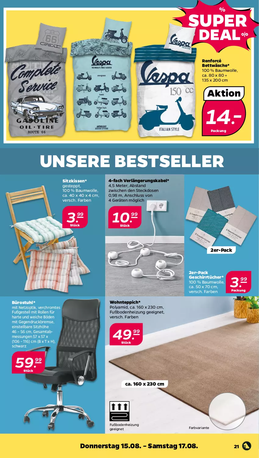 Aktueller Prospekt Netto - Woche 33 - von 12.08 bis 17.08.2024 - strona 21 - produkty: Bau, baumwolle, bett, bettwäsche, elle, geschirr, geschirrtücher, kissen, Ria, Sitzhöhe, sitzkissen, steckdose, stuhl, teppich, Ti, tücher, wolle