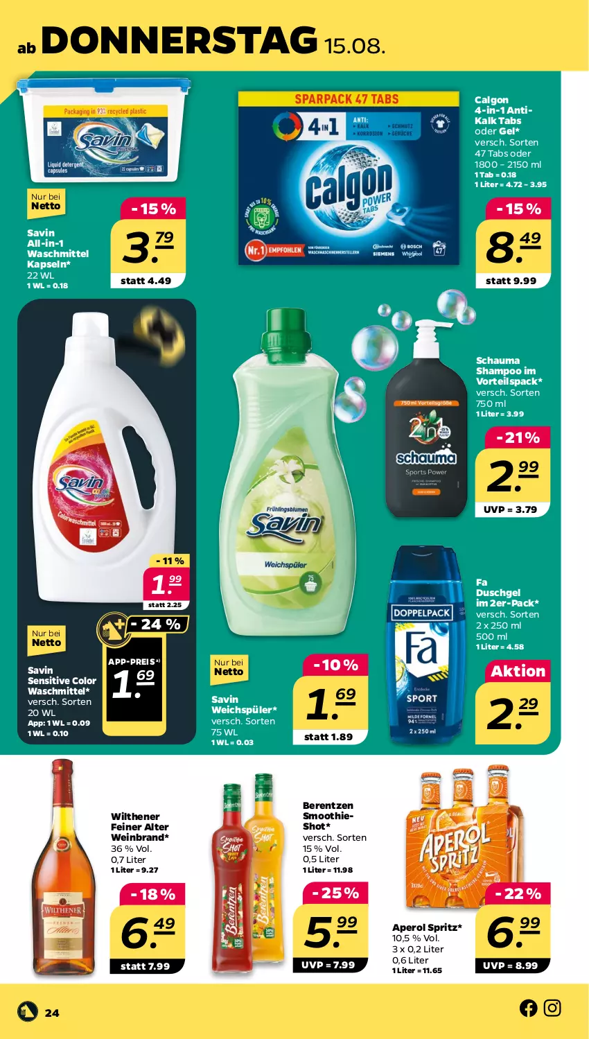 Aktueller Prospekt Netto - Woche 33 - von 12.08 bis 17.08.2024 - strona 24 - produkty: aperol, berentzen, calgon, duschgel, eis, fa duschgel, LG, reis, schauma, schauma shampoo, shampoo, smoothie, smoothies, Ti, waschmittel, weichspüler, wein, weinbrand, wilthener