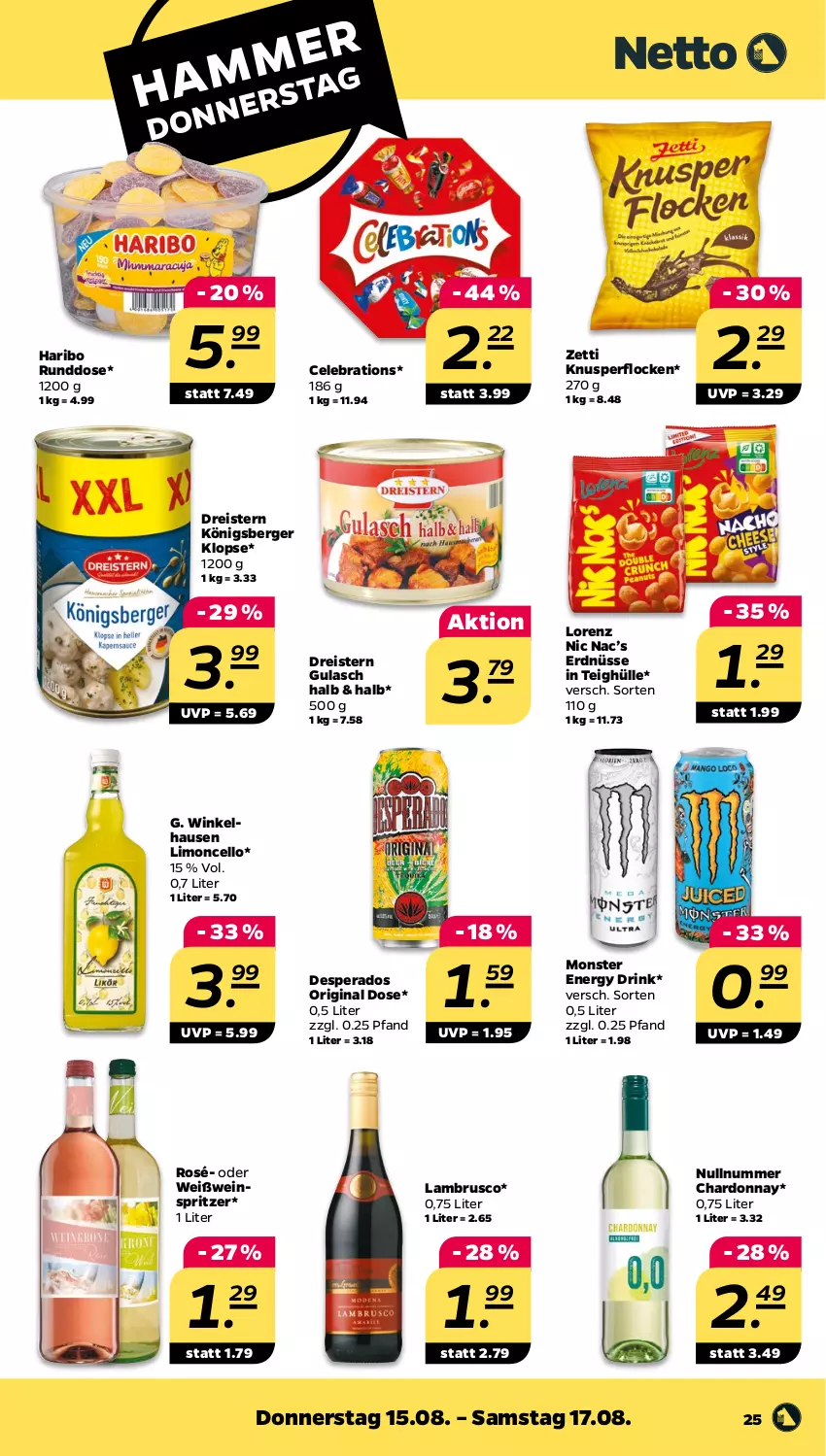 Aktueller Prospekt Netto - Woche 33 - von 12.08 bis 17.08.2024 - strona 25 - produkty: Berger, chardonnay, desperados, dreistern, drink, eis, energy drink, erdnüsse, gin, gulasch, haribo, Knusperflocken, Königsberger Klopse, Lambrusco, limo, lorenz, monster, Monster Energy, reis, Ti, wein, Weißwein, winkelhausen