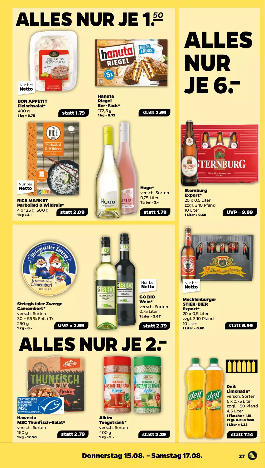 Aktueller Prospekt Netto - Woche 33 - von 12.08 bis 17.08.2024 - strona 27 - produkty: bier, bio, burger, camembert, deit, eis, fisch, flasche, fleisch, fleischsalat, getränk, hanuta, hawesta, hugo, limo, limonade, reis, riegel, salat, Sternburg, Stier, tee, thunfisch, Ti, wein, Wild