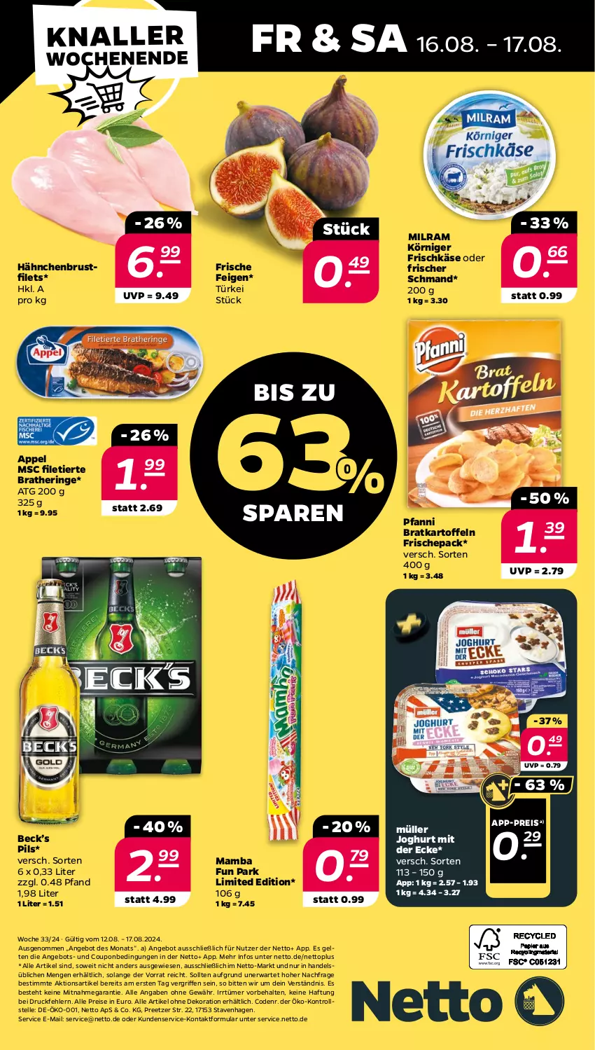 Aktueller Prospekt Netto - Woche 33 - von 12.08 bis 17.08.2024 - strona 28 - produkty: alle artikel ohne dekoration, angebot, Bratheringe, brustfilet, coupon, dekoration, eis, elle, Feigen, filet, Filetierte Bratheringe, filets, frischkäse, hähnchenbrust, hähnchenbrustfilet, hering, joghur, joghurt, joghurt mit der ecke, kartoffel, kartoffeln, Käse, Körniger Frischkäse, mam, milram, Müller, pfanni, pils, reis, ring, schmand, Ti