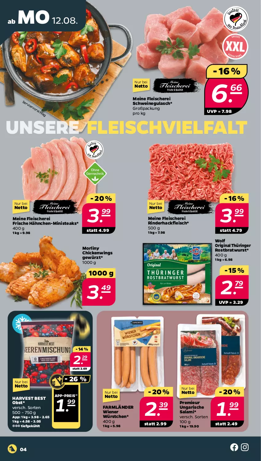 Aktueller Prospekt Netto - Woche 33 - von 12.08 bis 17.08.2024 - strona 4 - produkty: bratwurst, eis, fleisch, Fleischerei, Frische Hähnchen, gewürz, gin, gulasch, hackfleisch, obst, original thüringer, reis, rind, rinder, rinderhackfleisch, ring, rostbratwurst, salami, Schere, schwein, schweine, schweinegulasch, steak, steaks, thüringer rostbratwurst, Ti, Ungarische Salami, wein, weine, wiener, wiener würstchen, wurst, würstchen