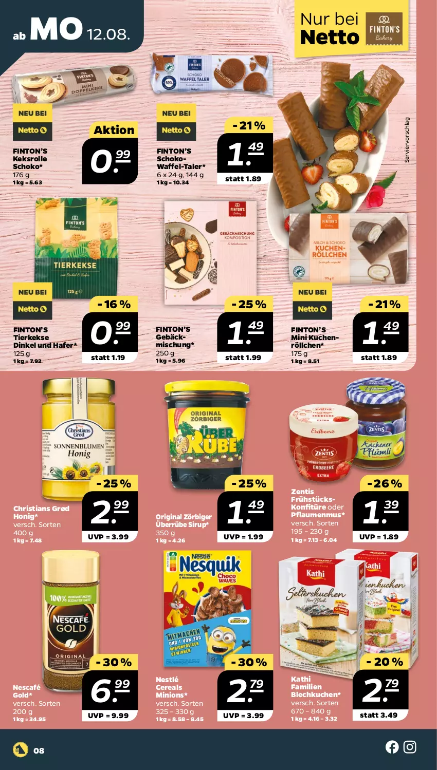 Aktueller Prospekt Netto - Woche 33 - von 12.08 bis 17.08.2024 - strona 8 - produkty: cereals, gebäckmischung, gin, hafer, honig, keks, kekse, konfitüre, kuchen, Nescafé, nescafé gold, nestlé, pflaume, pflaumen, pflaumenmus, schoko, sirup, Ti, zentis