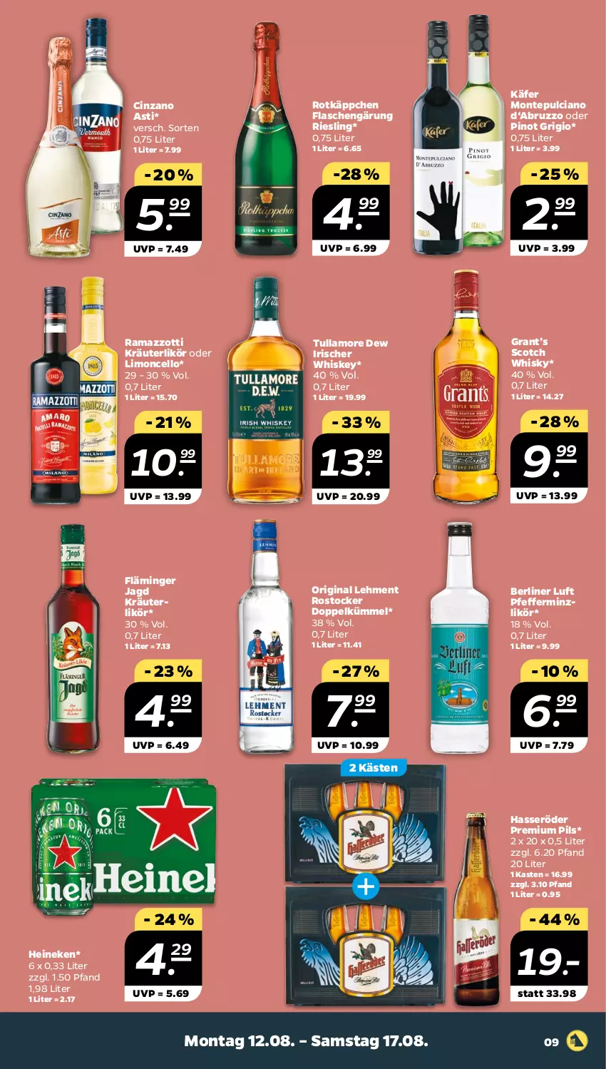 Aktueller Prospekt Netto - Woche 33 - von 12.08 bis 17.08.2024 - strona 9 - produkty: asti, berliner, berliner luft, cin, cinzano, Cinzano Asti, flasche, gin, hasseröder, heineken, käfer, kräuter, kräuterlikör, likör, limo, monte, Montepulciano, pfeffer, pfefferminzlikör, pils, Pinot, pinot grigio, premium pils, rama, ramazzott, ramazzotti, riesling, Rostocker, rotkäppchen, scotch, scotch whisky, Ti, tullamore, tullamore dew, whiskey, whisky, zott