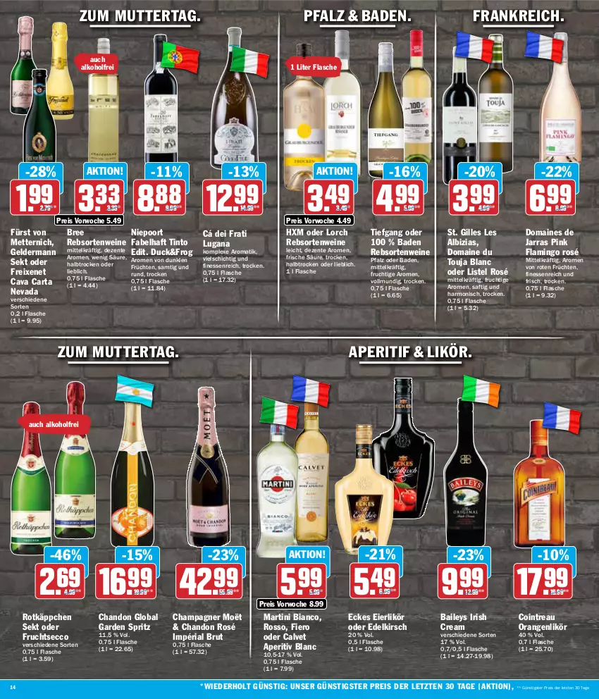 Aktueller Prospekt Aez - Prospekte - von 06.05 bis 11.05.2024 - strona 14 - produkty: alkohol, aperitif, Bad, baileys, bree, brut, Cava, champagne, champagner, Duck, ecco, eier, eierlikör, eis, ente, finesse, flasche, freixenet, frucht, früchte, früchten, fruchtsecco, fürst von metternich, geldermann, irish cream, kirsch, likör, martini, Mett, metternich, orange, orangen, rebsortenweine, reis, Ria, rotkäppchen, saft, sekt, Ti, wein, weine, ZTE