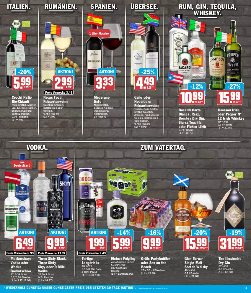 Aktueller Prospekt Aez - Prospekte - von 06.05 bis 11.05.2024 - strona 15 - produkty: bacardi, bio, chia, chianti, drink, drinks, dry gin, eis, ente, flasche, frucht, früchte, früchten, gallo, gin, Gorbatschow, irish whiskey, jameson, kleiner feigling, lack, leine, likör, moskovskaya, nederburg, rebsortenweine, reis, rum, scotch, scotch whisky, Sierra, single malt, skyy, tequila, Three Sixty, Ti, vodka, wein, weine, whiskey, whisky, wodka, ZTE