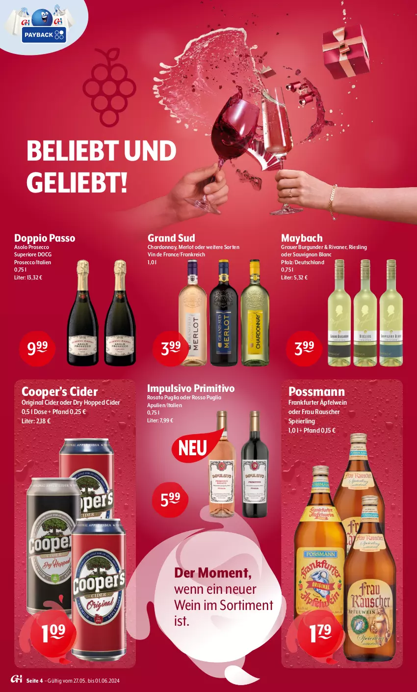 Aktueller Prospekt Getraenke Hoffmann - Prospekte - von 27.05 bis 01.06.2024 - strona 4 - produkty: auer, burgunder, chardonnay, cider, doppio passo, ecco, eier, frankfurter, gin, grand sud, grauer burgunder, maybach, merl, merlot, passo, primitivo, prosecco, riesling, Rivaner, rosato, sauvignon, sauvignon blanc, Ti, vin de france, wein