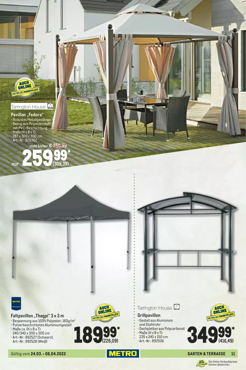 Aktueller Prospekt Metro - Garten und Terasse - von 24.03 bis 06.04.2022 - strona 11 - produkty: aluminiumgestell, Bona, Faltpavillon, Garten, grill, Grillpavillon, HP, latte, LG, pavillon, Ti